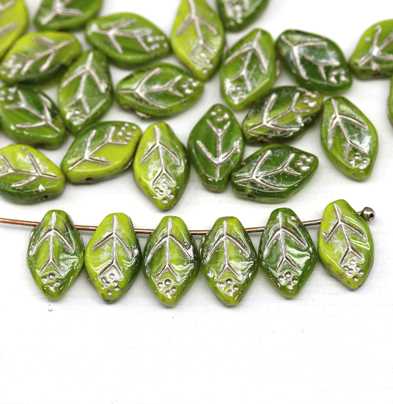 12x7mm Mixed green leaf beads Czech glass pressed, silver inlays 30Pc