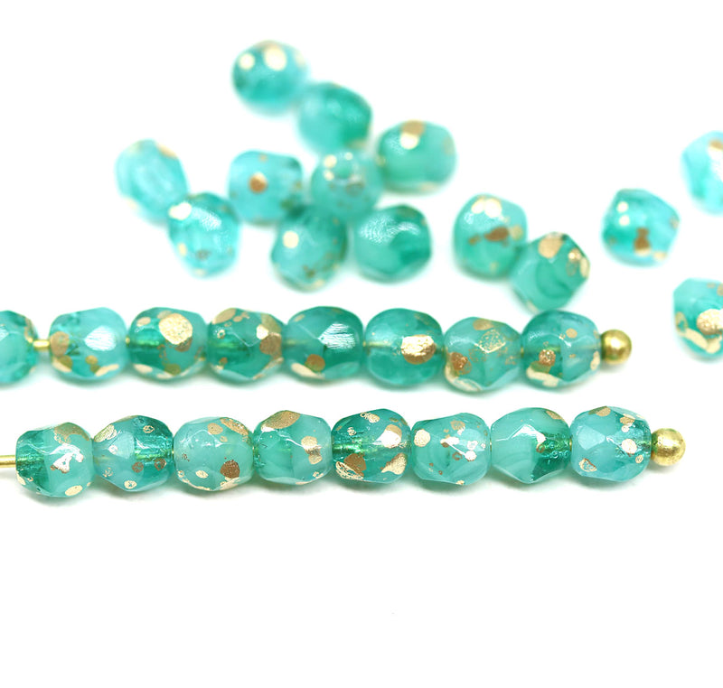 4mm Opal green Czech glass fire polished round beads Gold flakes 30pc