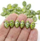 12x7mm Mixed green leaf beads Czech glass pressed, silver inlays 30Pc