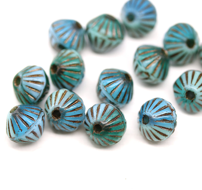 9mm Blue czech glass bicone beads, 1mm hole 15Pc