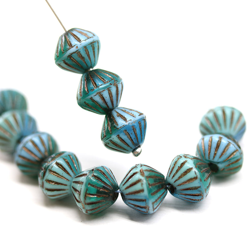 9mm Blue czech glass bicone beads, 1mm hole 15Pc