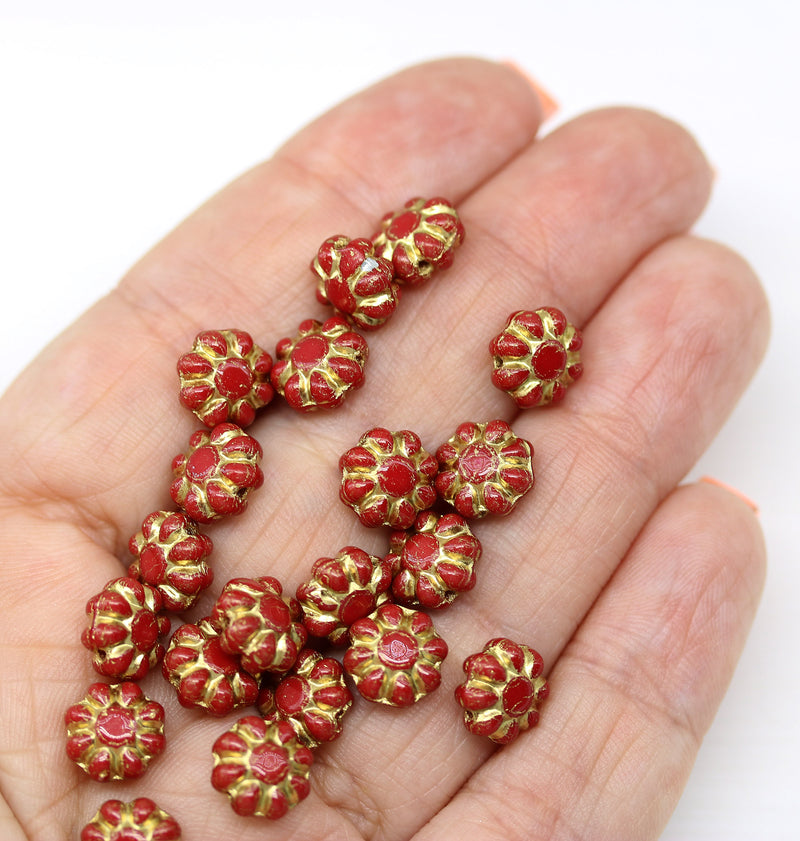 9mm Opaque red czech glass beads gold inlays Daisy floral beads, 20Pc