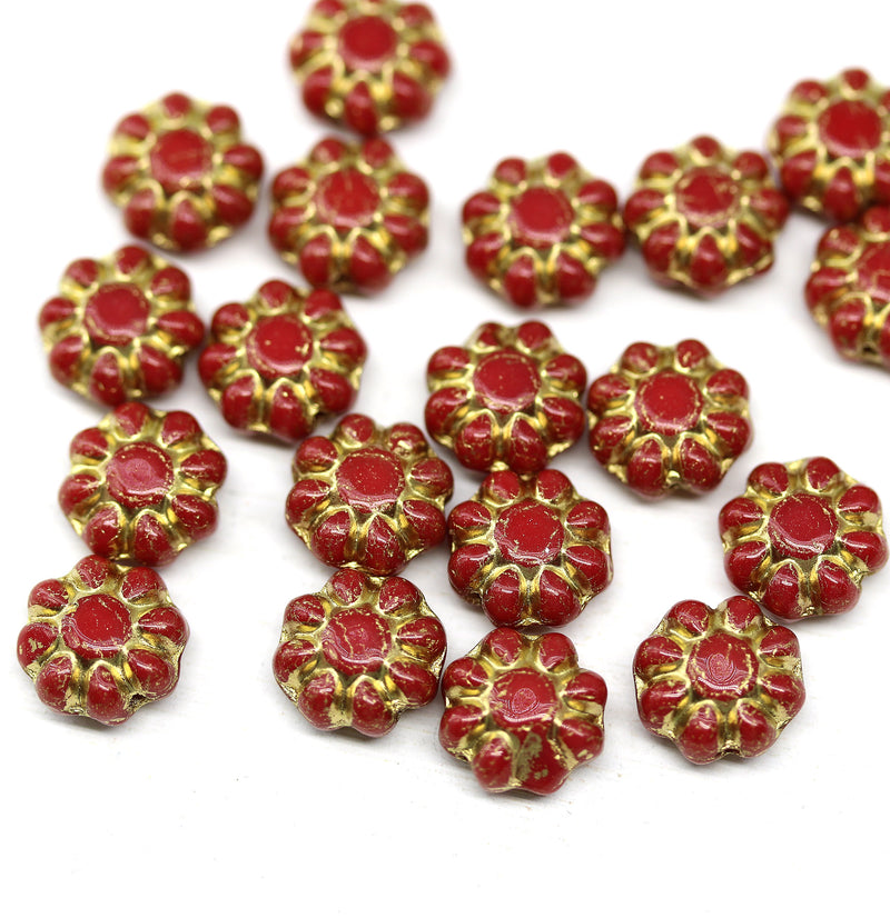 9mm Opaque red czech glass beads gold inlays Daisy floral beads, 20Pc