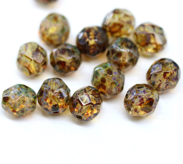 8mm Picasso brown Czech glass round fire polished beads 15pc