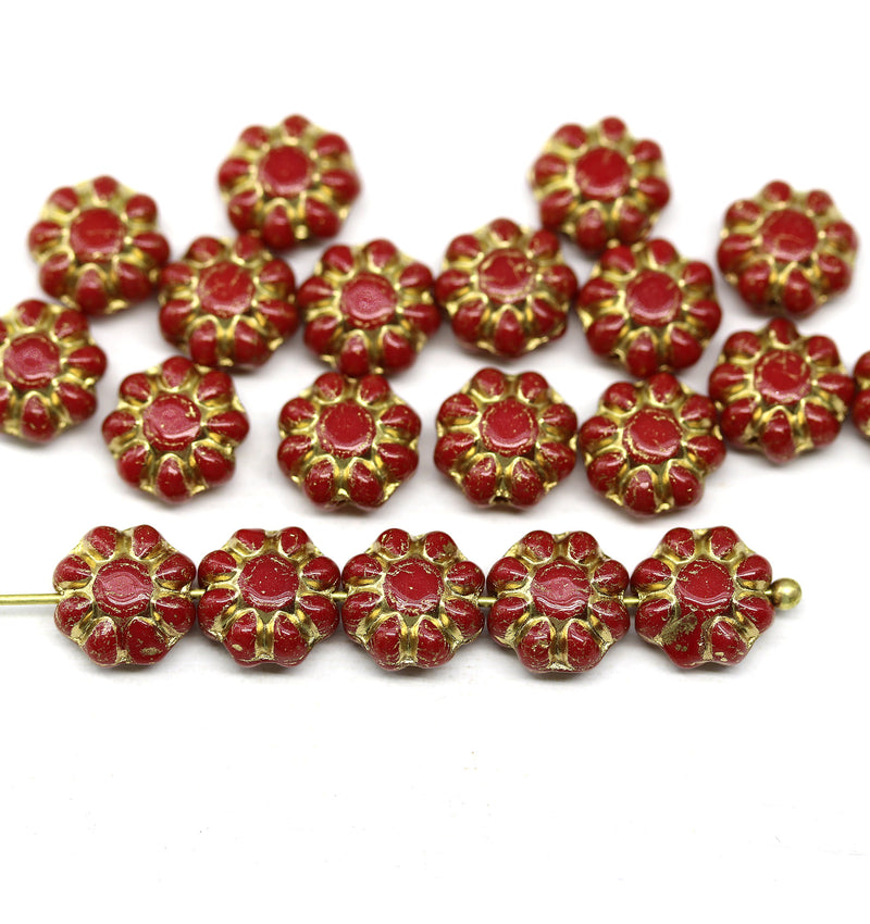 9mm Opaque red czech glass beads gold inlays Daisy floral beads, 20Pc