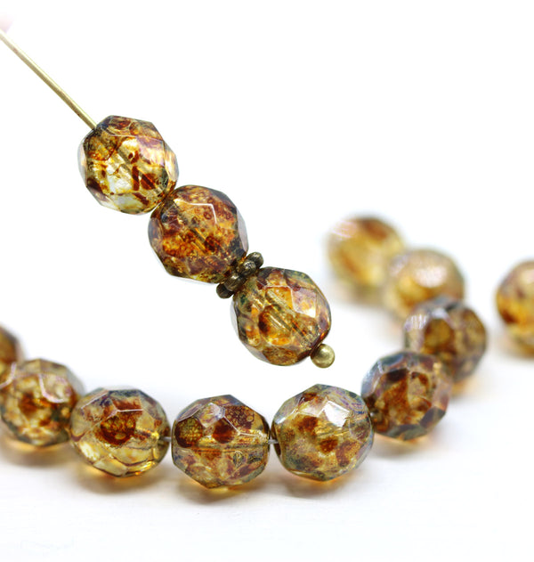 8mm Picasso brown Czech glass round fire polished beads 15pc