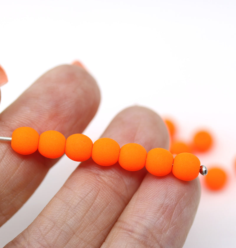 6mm Neon orange czech glass round druk beads spacers, 20pc