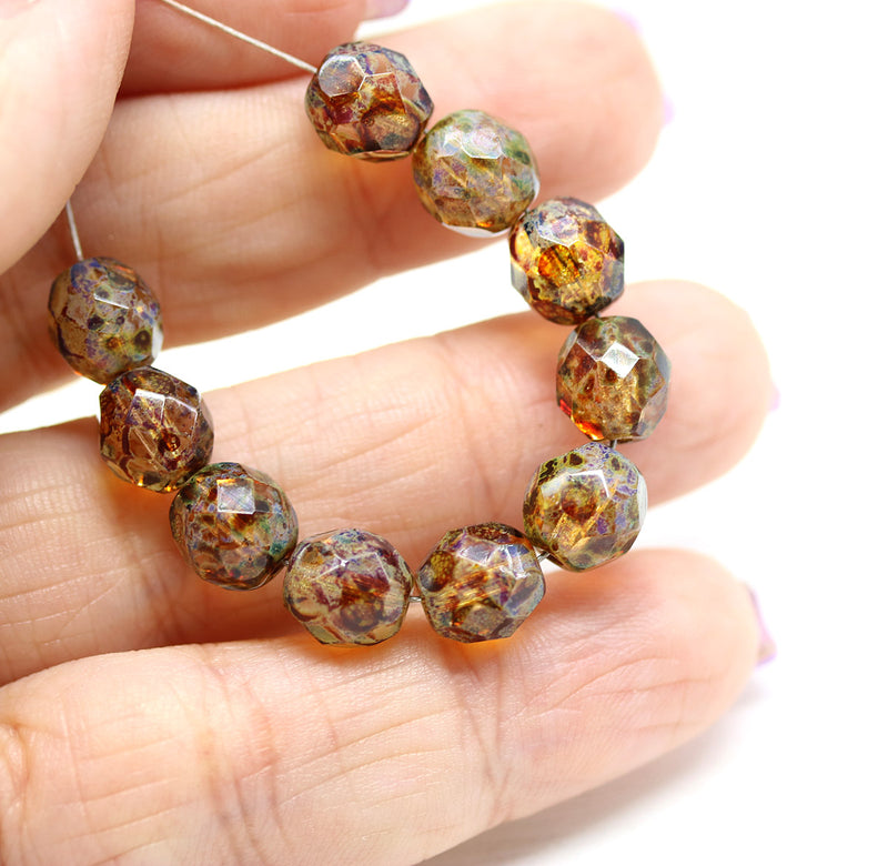 8mm Picasso brown Czech glass round fire polished beads 15pc