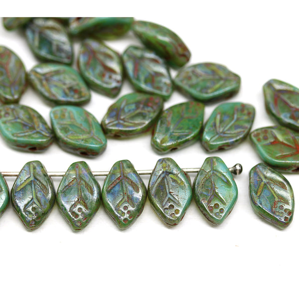 12x7mm Picasso green leaf beads, 30pc