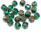 6mm Dark teal green round cathedral czech glass beads, golden ends 20Pc