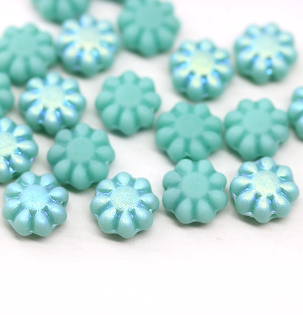 9mm Frosted turquoise finish czech glass flower beads, 20Pc