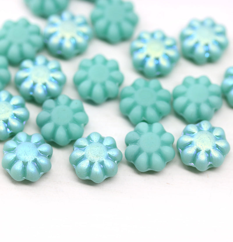 9mm Frosted turquoise finish czech glass flower beads, 20Pc