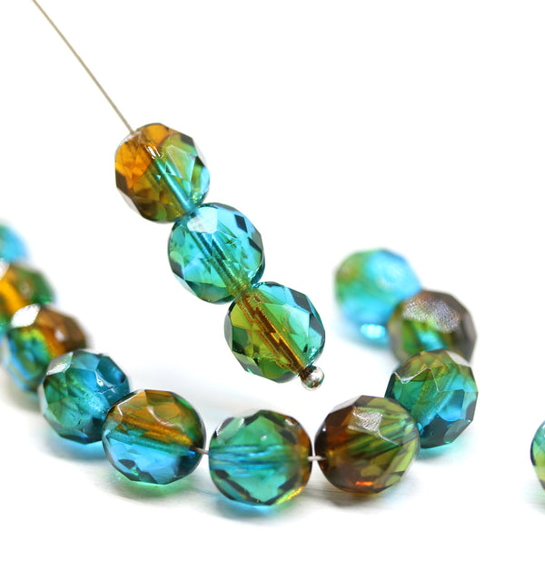 8mm Blue brown Czech glass round fire polished beads 15pc