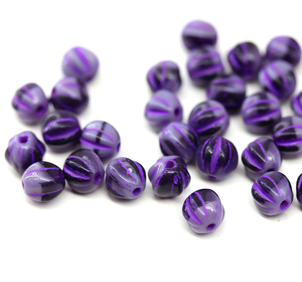 6mm Purple round melon shape czech glass beads, 30Pc
