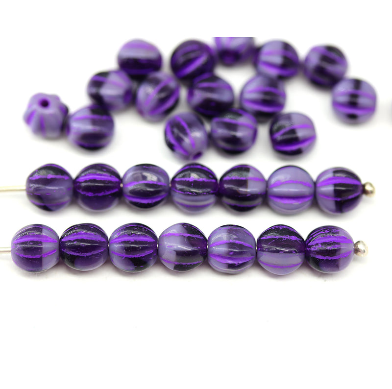 6mm Purple round melon shape czech glass beads, 30Pc