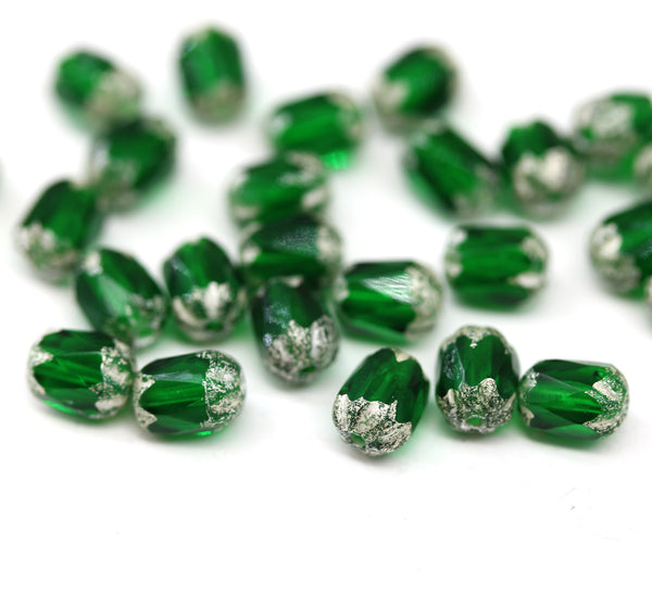 6x4mm Dark green rice beads silver ends czech glass fire polished, 25pc