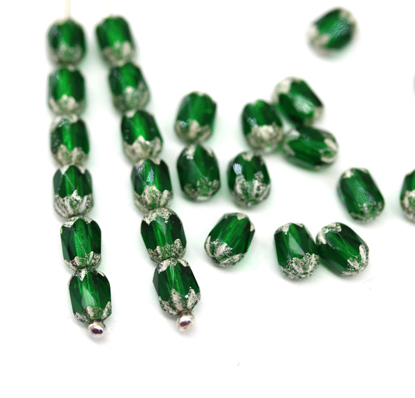 6x4mm Dark green rice beads silver ends czech glass fire polished, 25pc