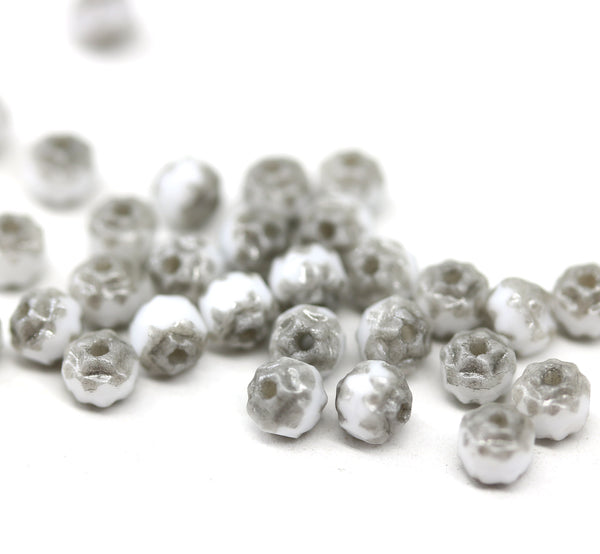 4mm White cathedral czech glass beads gray silver ends 50Pc