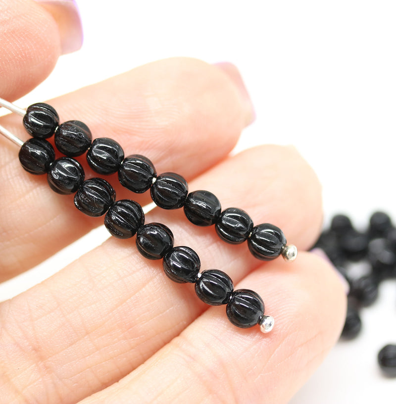 4mm Black melon shape glass beads, 50pc