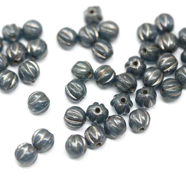 4mm Dark blue old patina melon shape glass beads, 50pc