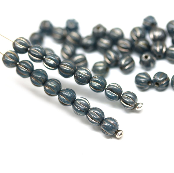 4mm Dark blue old patina melon shape glass beads, 50pc