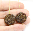 19mm Brown picasso coin czech glass beads pair tablet shape 2pc