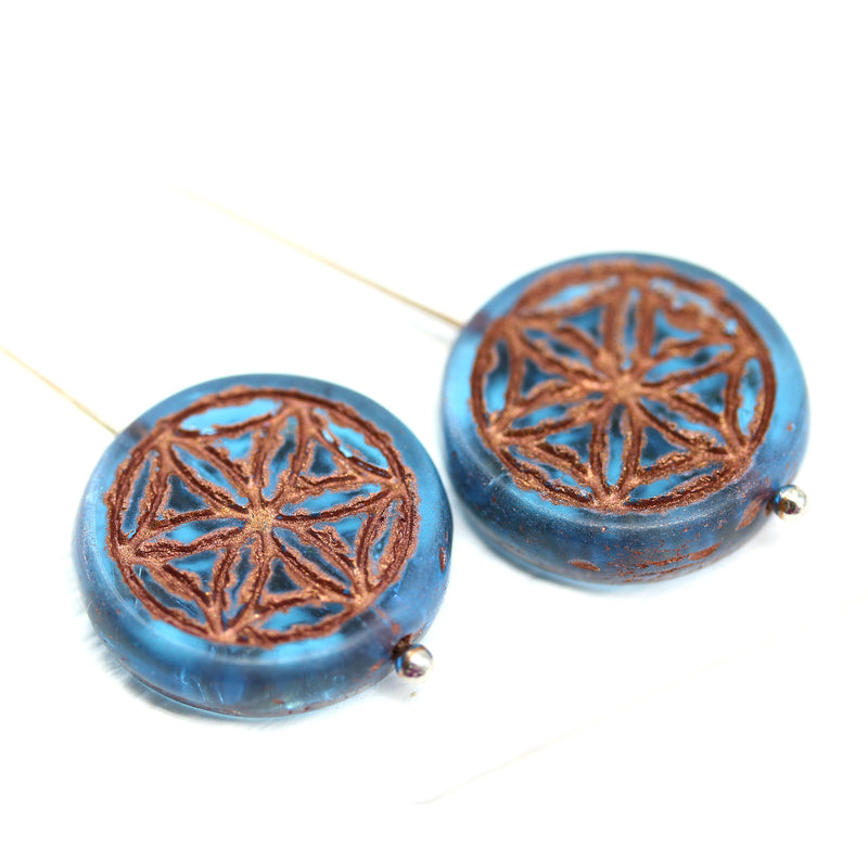 19mm Blue coin czech glass beads pair copper ornament tablet shape 2pc