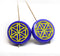 9mm Blue coin czech glass beads pair yellow ornament tablet shape 2pc