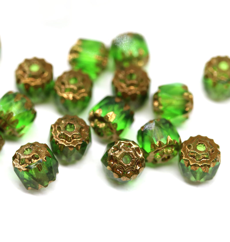 6mm Green glass beads Cathedral golden ends 20Pc