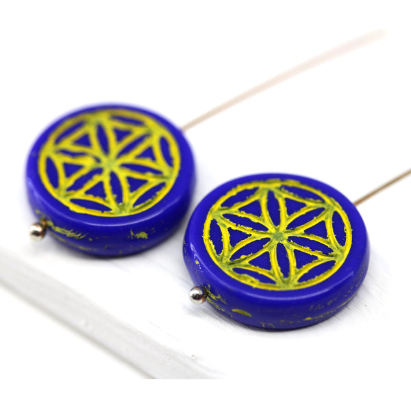 9mm Blue coin czech glass beads pair yellow ornament tablet shape 2pc