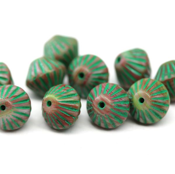 11mm Brown czech glass bicone beads green stripes, 10pc