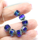 8mm Dark blue cathedral beads Czech glass picasso ends 10Pc