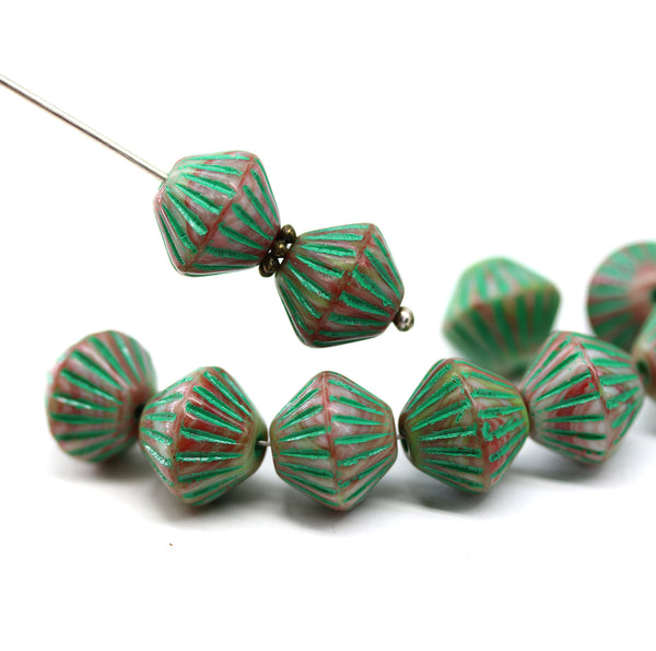 11mm Brown czech glass bicone beads green stripes, 10pc