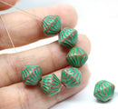11mm Brown czech glass bicone beads green stripes, 10pc