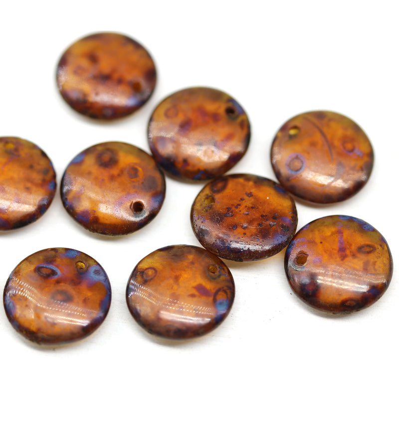 12mm Brown topaz picasso lentil czech glass round beads - 10Pc