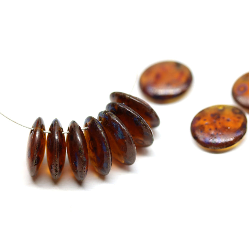 12mm Brown topaz picasso lentil czech glass round beads - 10Pc