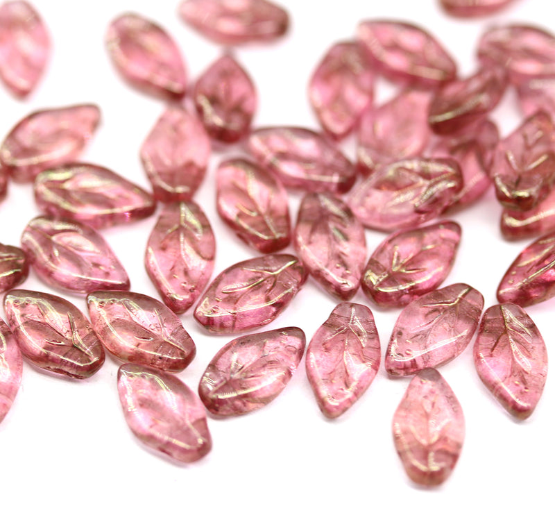10x6mm Pink lustered glass small leaf glass beads, 40Pc