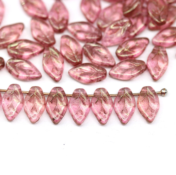 10x6mm Pink lustered glass small leaf glass beads, 40Pc
