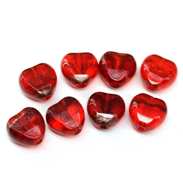 8mm Red heart Czech glass fire polished beads aventurine, 8Pc
