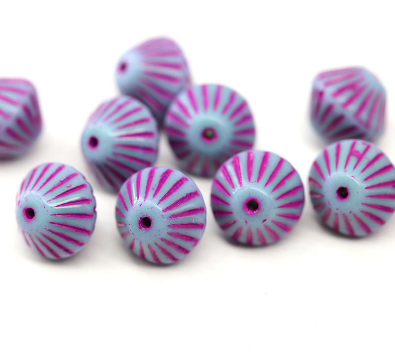 11mm Blue czech glass bicone beads pink stripes, 10pc