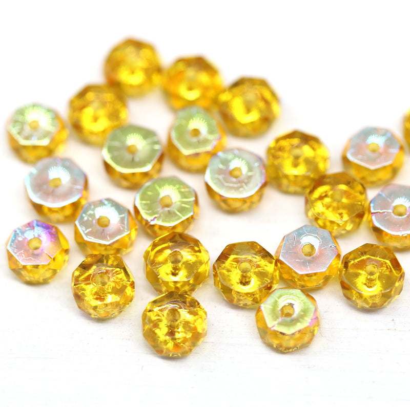 6x3mm Yellow amber rondelle fire polished czech beads - 25pc