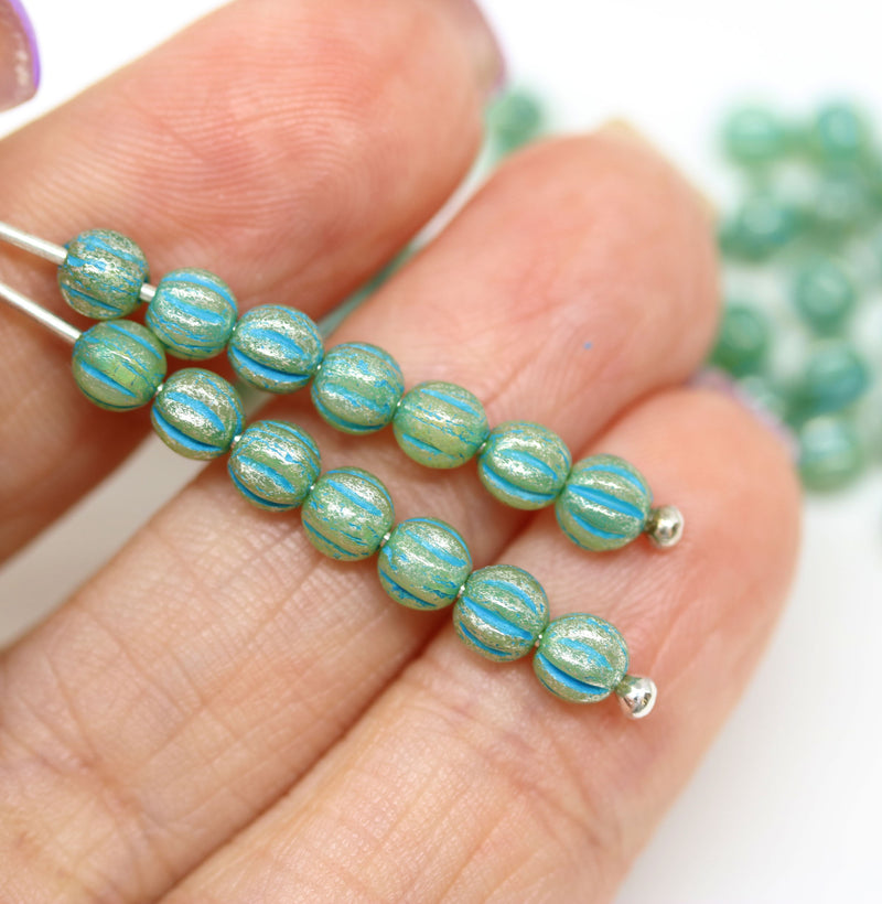 4mm Rustic blue melon shape glass beads, 50pc