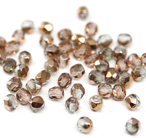 4mm Bright copper Czech glass fire polished small beads, 50Pc