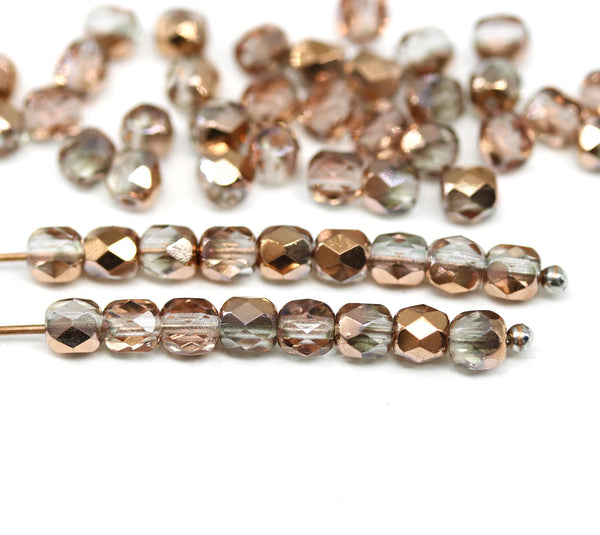 4mm Bright copper Czech glass fire polished small beads, 50Pc