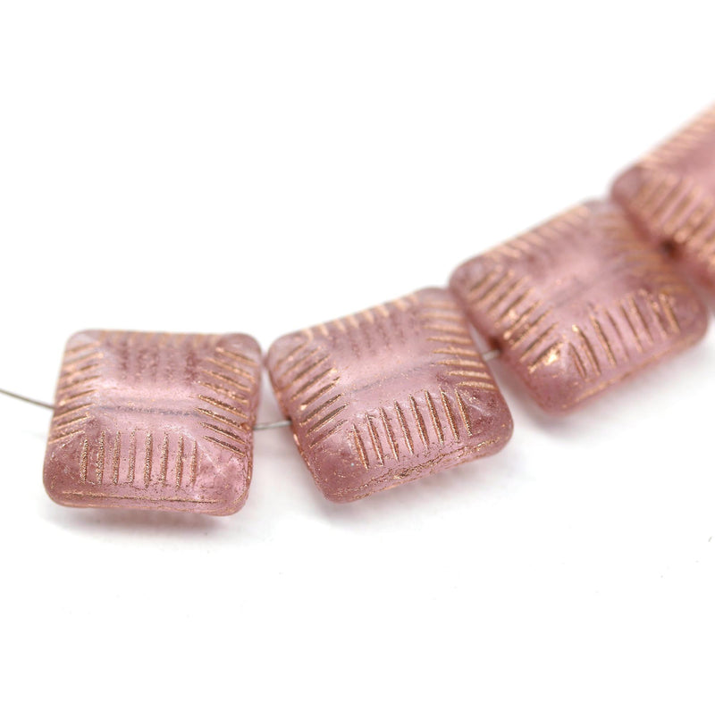 14mm Large carved square czech glass thick beads Rose pink copper, 4Pc