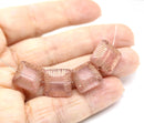 14mm Large carved square czech glass thick beads Rose pink copper, 4Pc