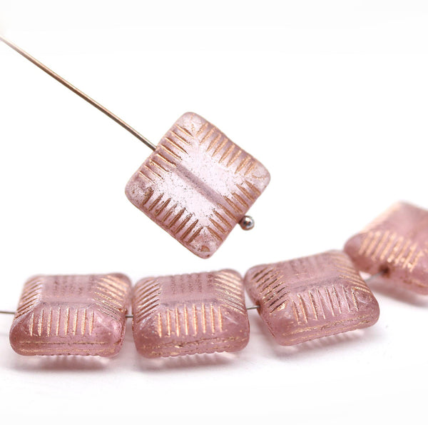 14mm Large carved square czech glass thick beads Rose pink copper, 4Pc
