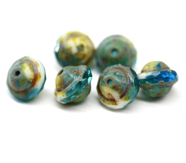 8x10mm Mixed blue white saucer Czech glass beads UFO shape picasso - 6Pc