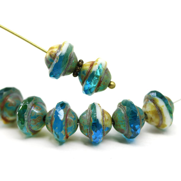 8x10mm Mixed blue white saucer Czech glass beads UFO shape picasso - 6Pc