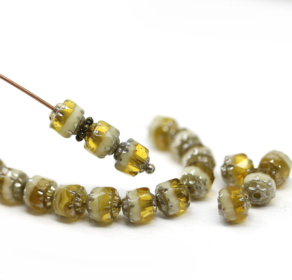 6mm Beige yellow cathedral beads Czech glass lustered ends 20Pc